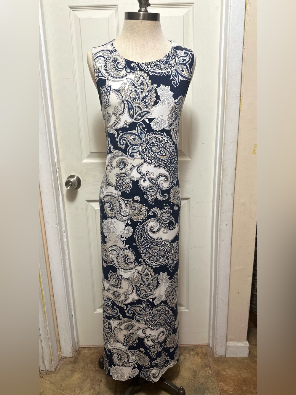 J. Jill Wearever Paisley Maxi Dress Sleeveless Navy Cream Knit Side Slit.Size XL